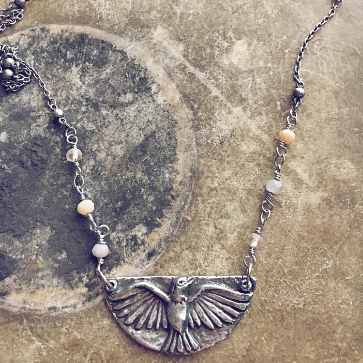 mystic falcon - bird with all seeing eye double sided pendant necklace with beaded chain - Peacock & Lime