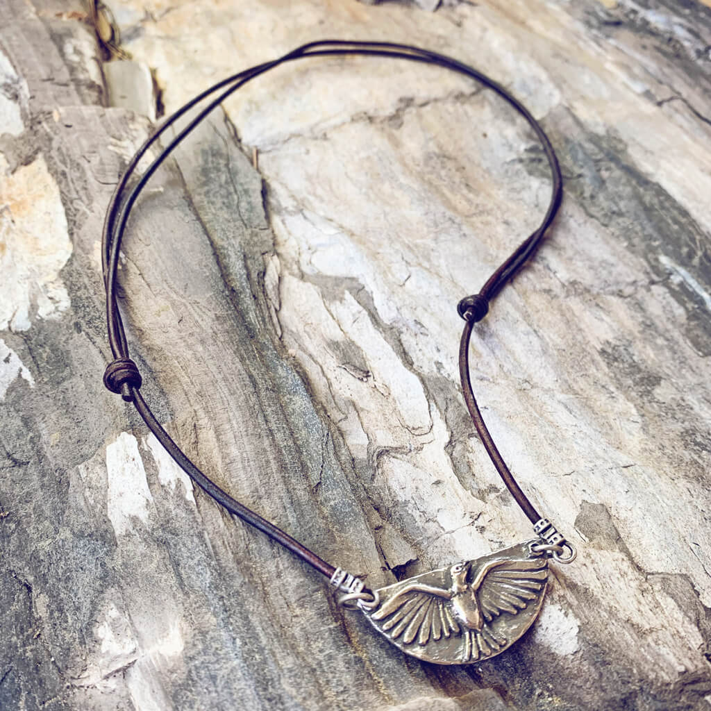 mystic falcon - bird with all seeing eye double sided pendant leather necklace - Peacock & Lime