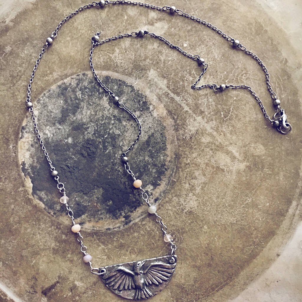 mystic falcon - bird with all seeing eye double sided pendant necklace with beaded chain - Peacock & Lime