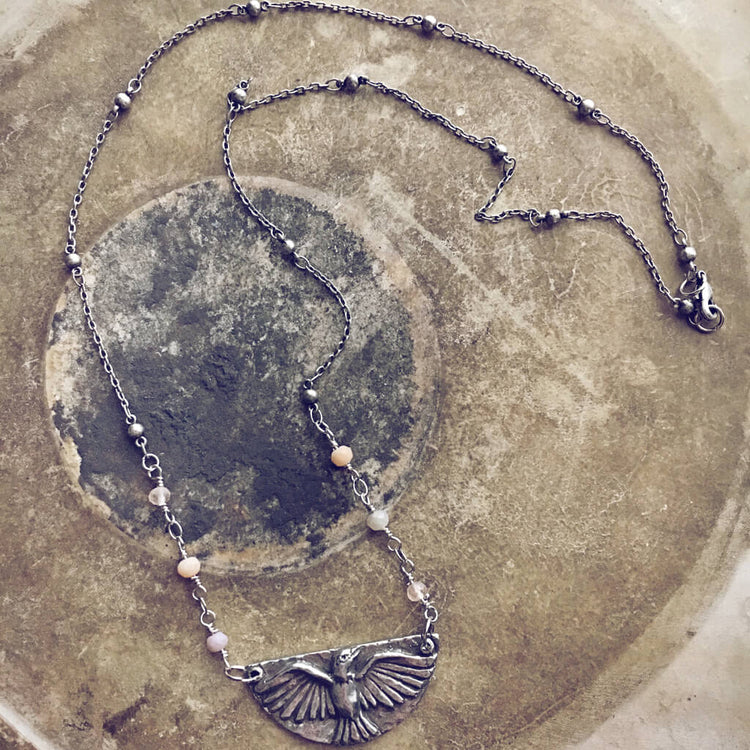 mystic falcon - bird with all seeing eye double sided pendant necklace with beaded chain - Peacock & Lime