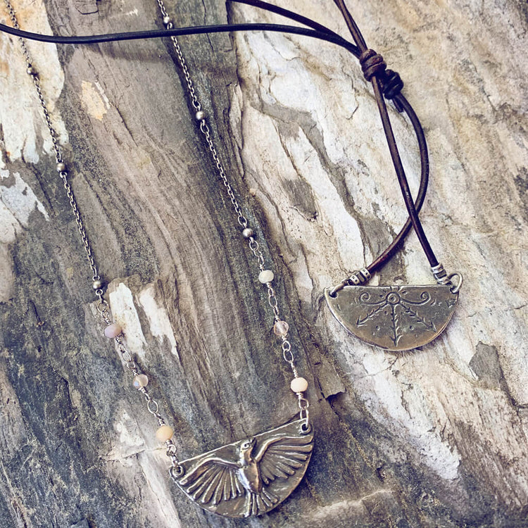 mystic falcon - bird with all seeing eye double sided pendant necklace showing front and back close up - Peacock & Lime