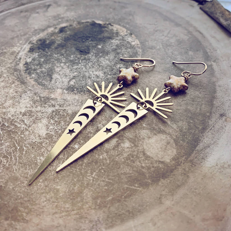 night sky // czech glass star, cosmic rays, crescent moon triangle dangle earrings by Peacock & Lime