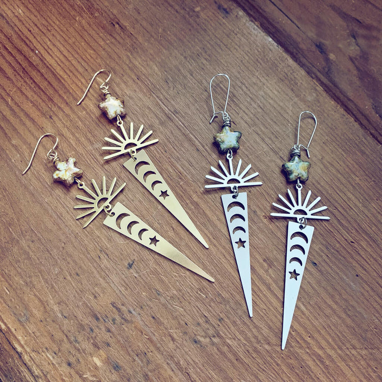 night sky // czech glass star, cosmic rays, crescent moon triangle dangle earrings by Peacock & Lime