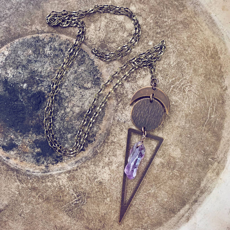 night skygazer // crescent moon, full moon, amethyst crystal and long triangle pendant necklace by Peacock and Lime