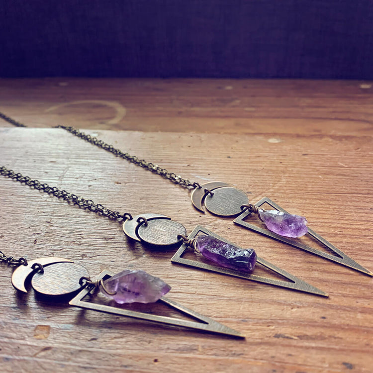 night skygazer //  crescent moon, full moon, amethyst crystal and long triangle pendant necklaces by Peacock and Lime