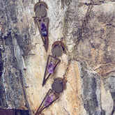night skygazer //  crescent moon, full moon, amethyst crystal and long triangle pendant necklaces by Peacock and Lime