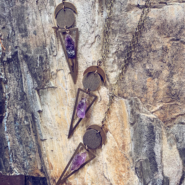 night skygazer //  crescent moon, full moon, amethyst crystal and long triangle pendant necklaces by Peacock and Lime