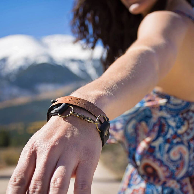 not all those who wander are lost // leather and copper double wrap bracelet - Peacock & Lime