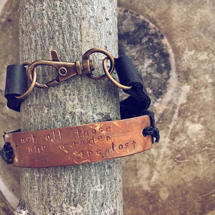not all those who wander are lost // leather and copper double wrap bracelet - Peacock & Lime