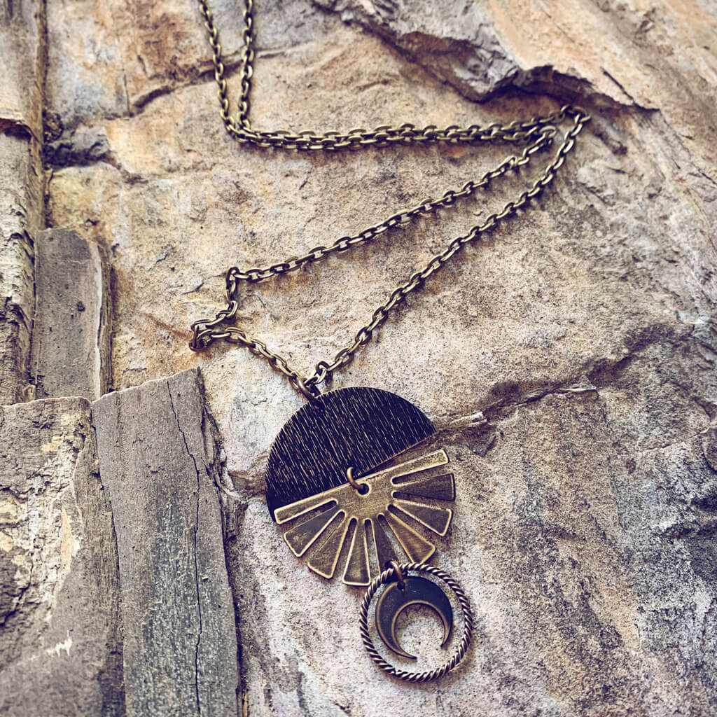orbis // patina aged darkened sun, moon, sphere & crescent moon necklace - Peacock & Lime