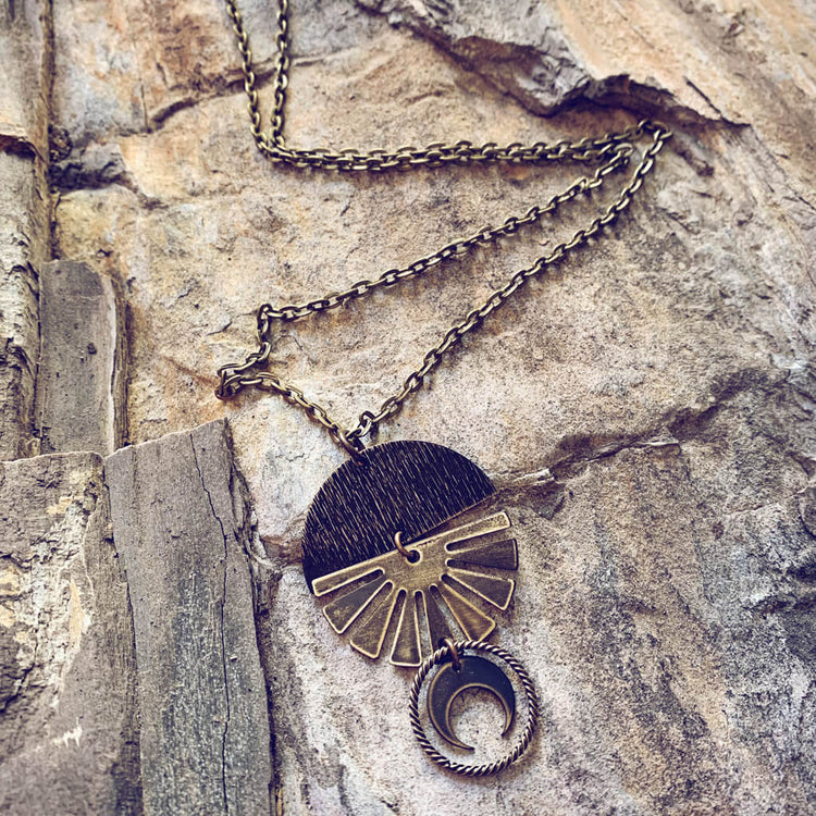 orbis // patina aged darkened sun, moon, sphere & crescent moon necklace - Peacock & Lime