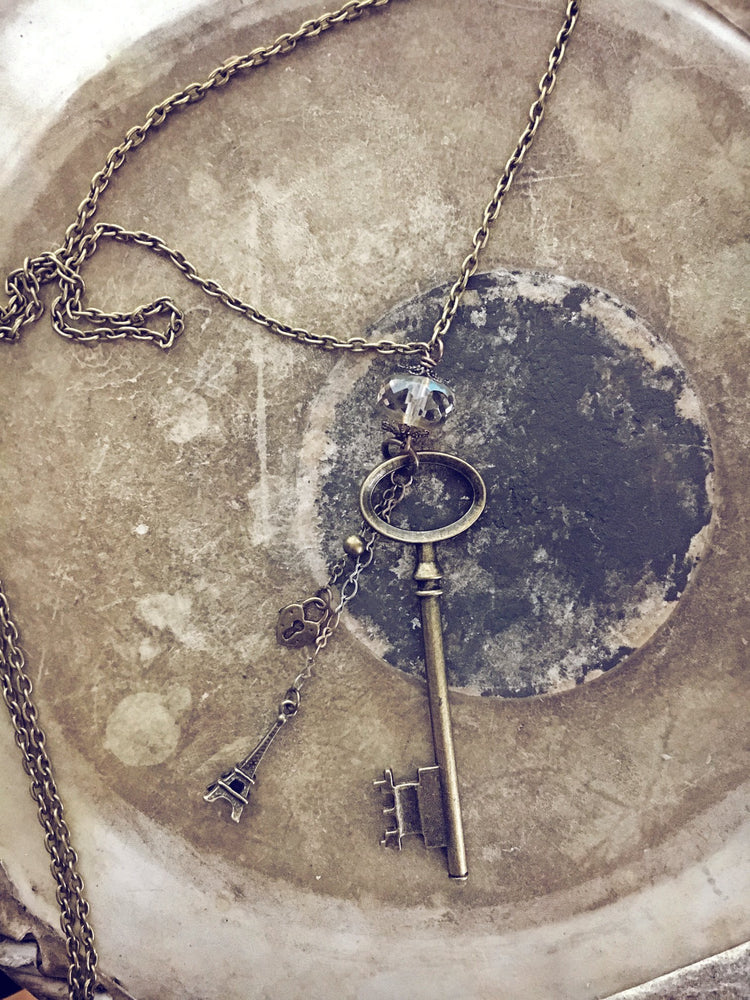 oval skeleton key & eiffel tower charm necklace - Peacock & Lime