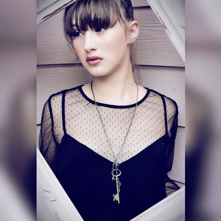 oval skeleton key & eiffel tower charm necklace - Peacock & Lime