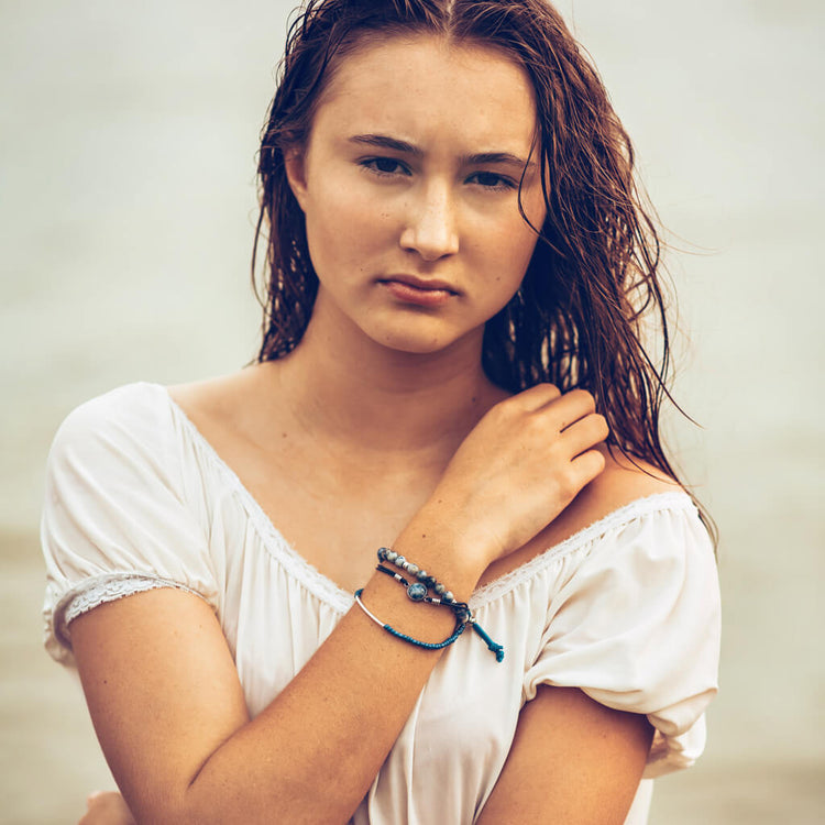 pacific blue // beachy bracelet style pack - set of 3 - worn on model - Peacock & Lime