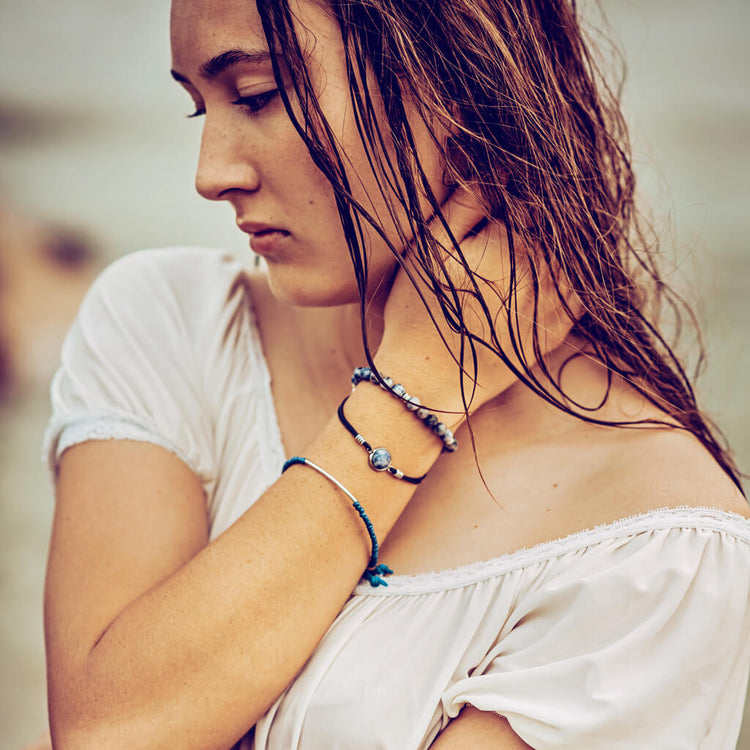 pacific blue // beachy bracelet style pack - set of 3 - worn on model - Peacock & Lime