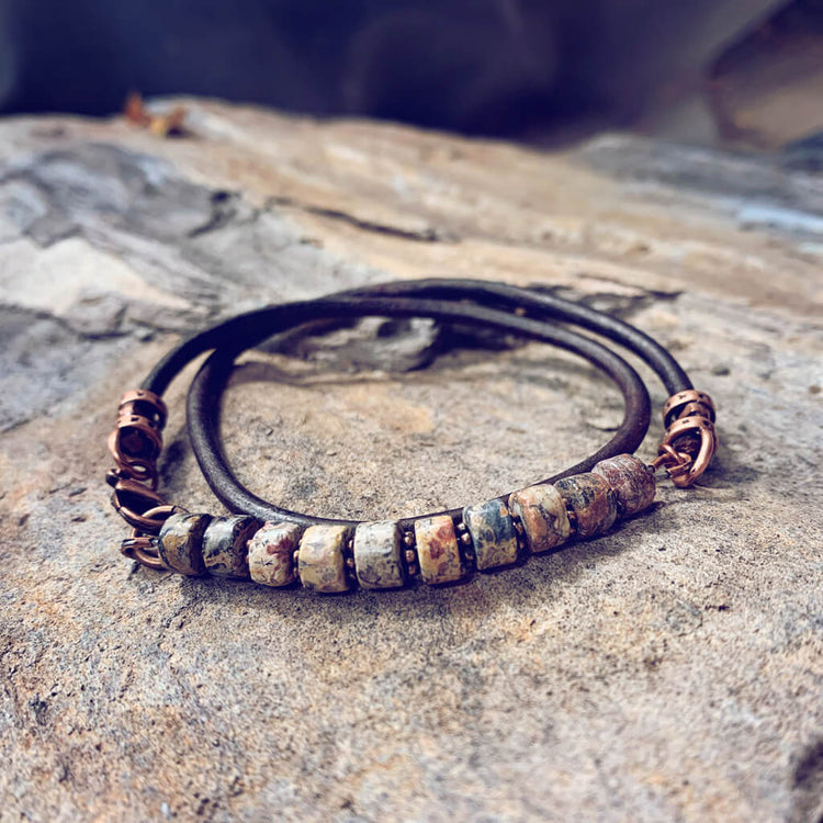 paintbrush desert jasper // thick leather wrap bracelet - choker - Peacock & Lime