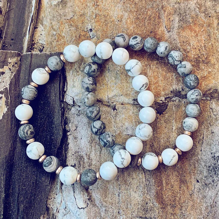 patience // howlite and picasso jasper mala bead bracelet - Peacock & Lime