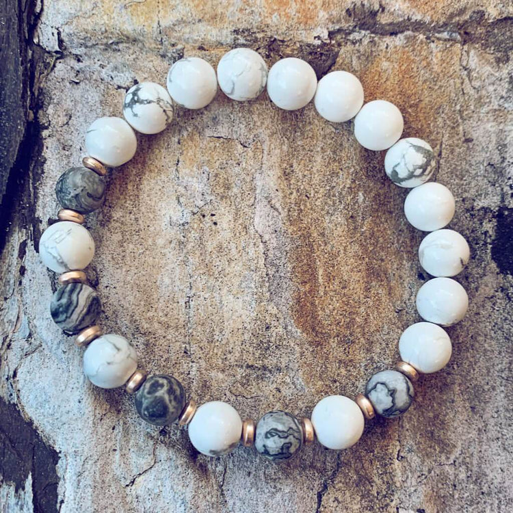 patience // howlite and picasso jasper mala bead bracelet - Peacock & Lime