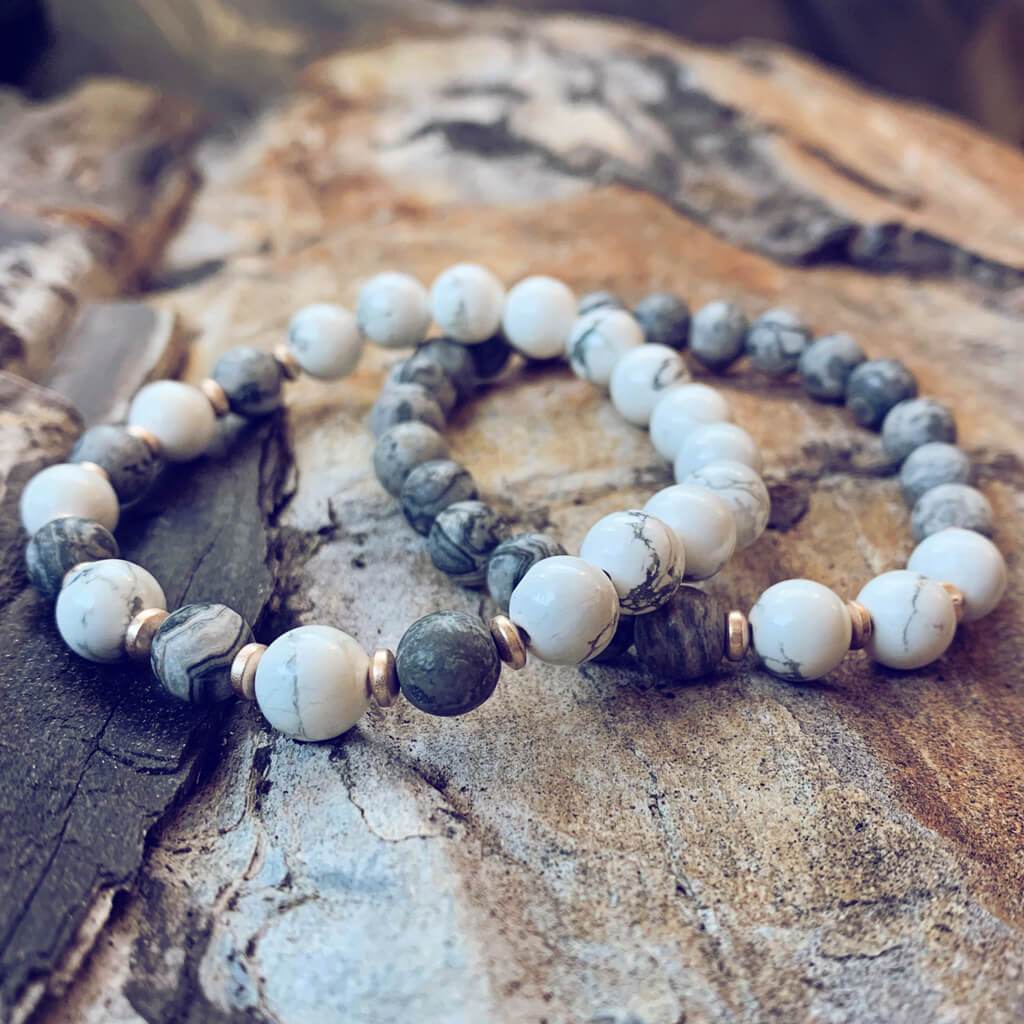 patience // howlite and picasso jasper mala bead bracelet - Peacock & Lime
