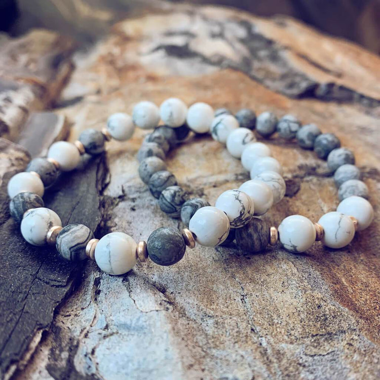 patience // howlite and picasso jasper mala bead bracelet - Peacock & Lime