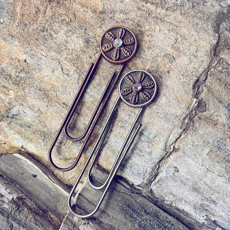 petals // set of 2 flower & swarovski crystal paperclip book or page markers - Peacock & Lime