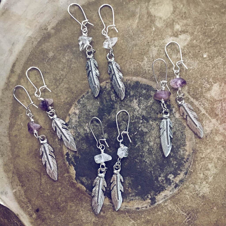 plume // boho feather and gemstone earrings - Peacock & Lime