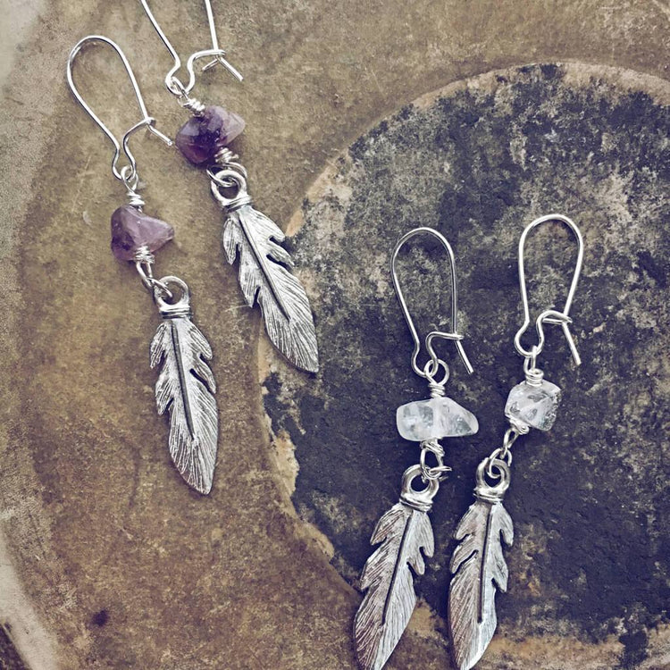 plume // boho feather and gemstone earrings - Peacock & Lime