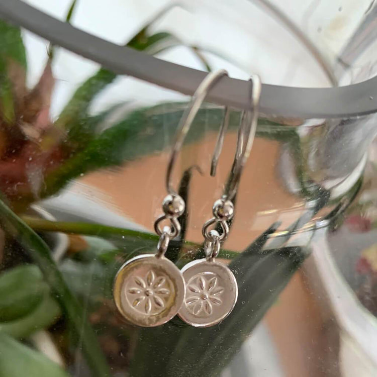 posy // baby boho fine silver and sterling pressed flower charm earrings - Peacock & Lime