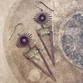 pulsar // boho antiqued brass sun star triangle & peridot earrings - Peacock & Lime