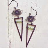 pulsar // boho antiqued brass sun star triangle & peridot earrings - Peacock & Lime
