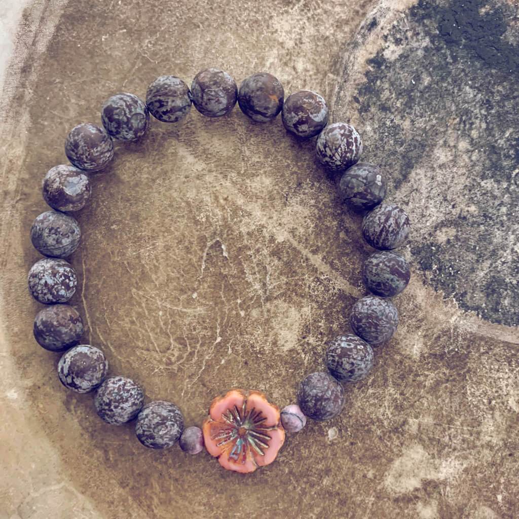 purity // beaded matte snowflake obsidian gemstone bracelet with hibiscus flower bead - Peacock & Lime