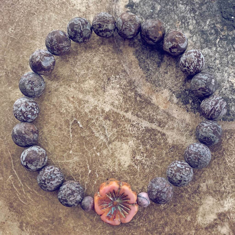 purity // beaded matte snowflake obsidian gemstone bracelet with hibiscus flower bead - Peacock & Lime