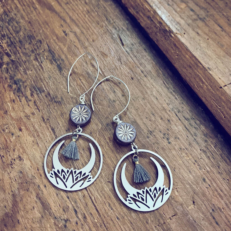 purple aster & lotus // czech glass bead with lotus flower hoop & tiny tassel stainless steel earrings by Peacock & Lime