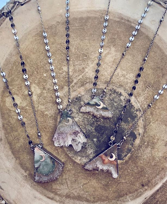 pyramid mountain - electroformed amethyst slice mountain peak pendant necklace - Peacock & Lime