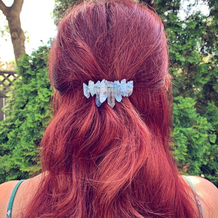 siren's call // quartz crystal hair clip barrette - blue quartz  - shown worn in hair by model Nikita - by Peacock and Lime