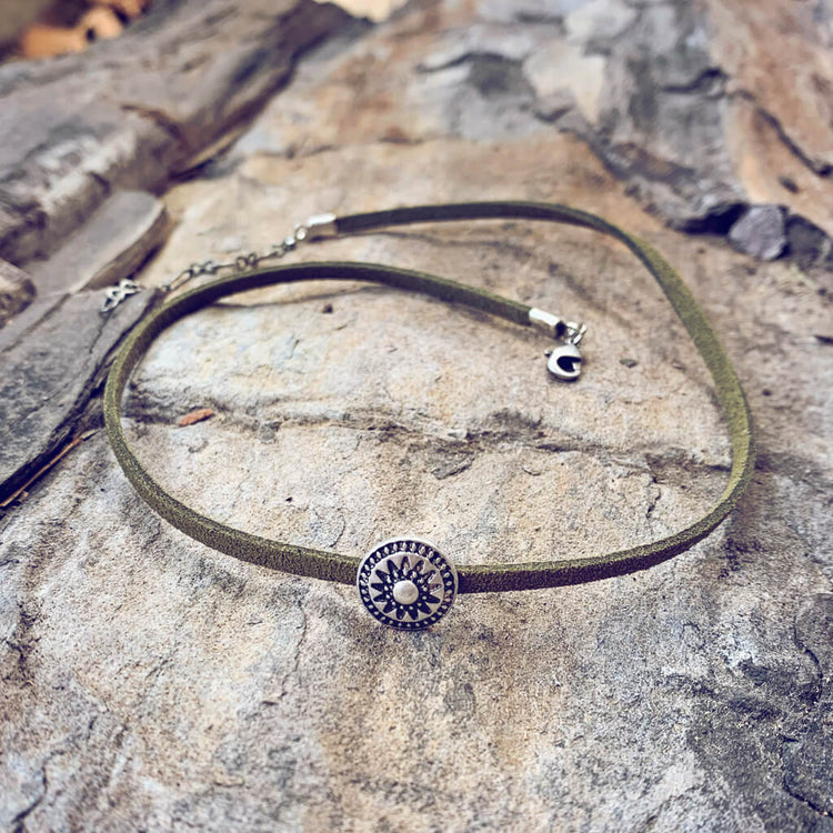 radiant sun // talisman medallion choker necklace - olive green - by Peacock and Lime