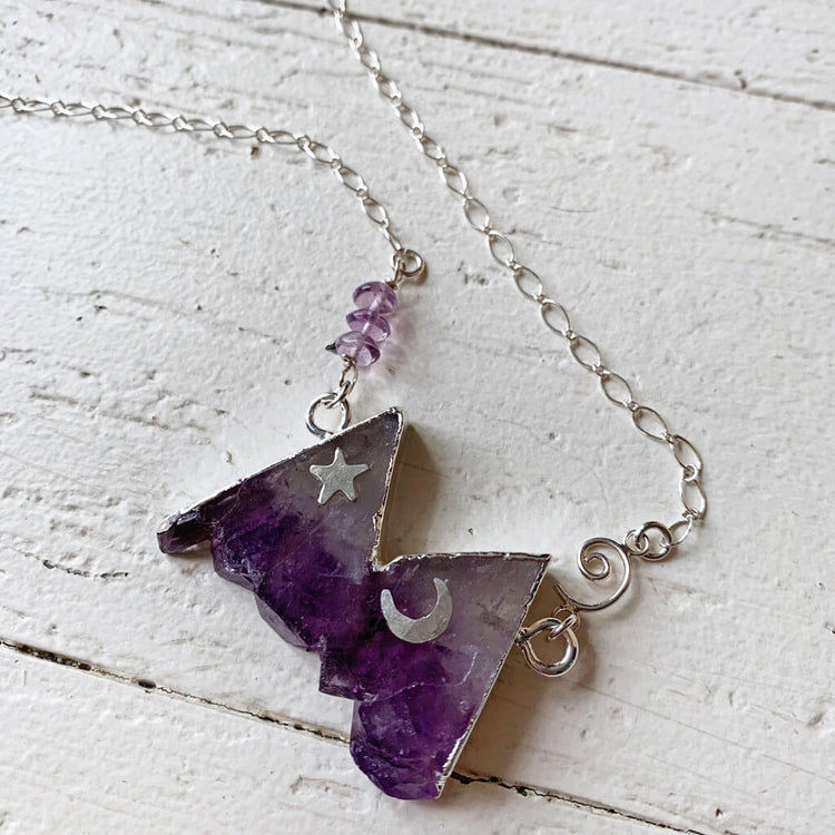 rocky mountain // silver electroformed amethyst slice mountain pendant necklace - Peacock and Lime