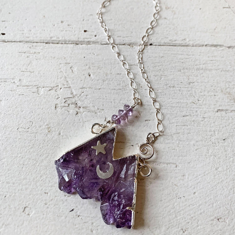 rocky mountain // silver electroformed amethyst slice mountain pendant necklace - Peacock and Lime