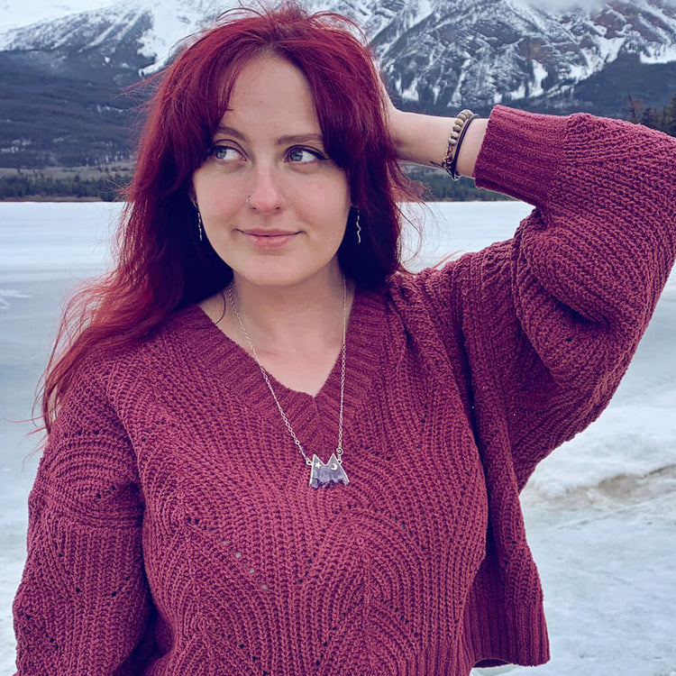 rocky mountain // silver electroformed amethyst slice mountain pendant necklace worn on model - Peacock and Lime