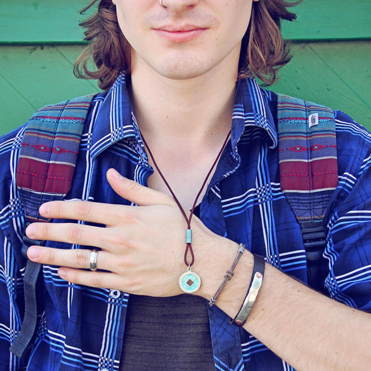 rustic coin // men's distressed brown leather and patina coin necklace - Peacock & Lime