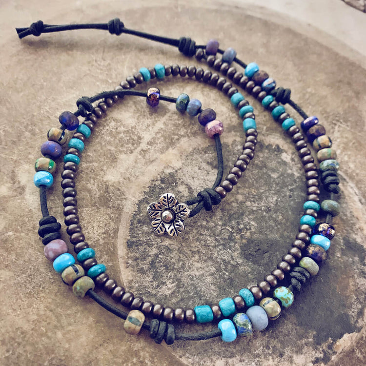 rustic daisy // boho beaded leather wrap bracelet or choker - Peacock & Lime