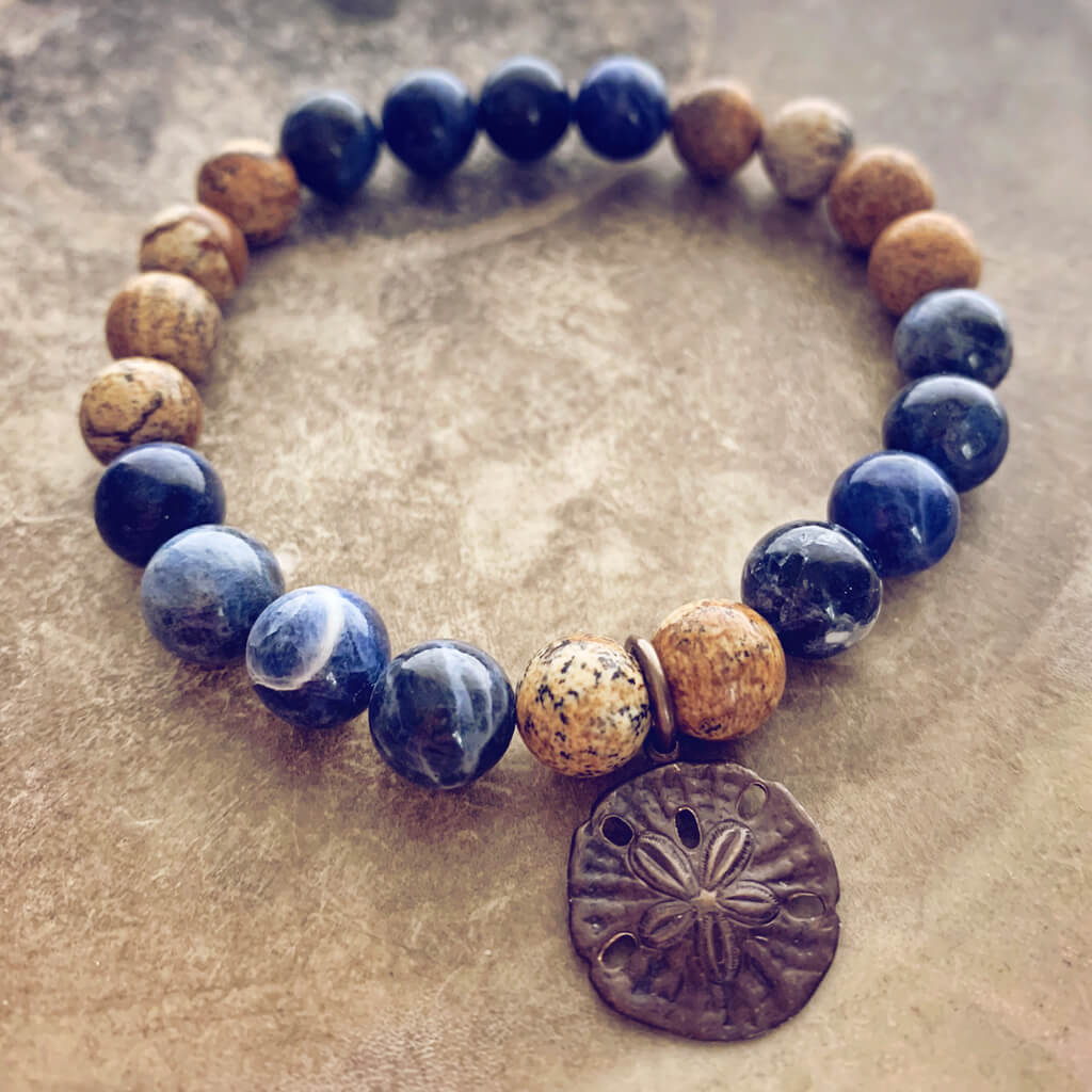 sand & sea // sodalite and picture jasper mala bead bracelet with sand dollar by Peacock & Lime