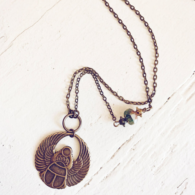 scarab // antiqued brass winged beetle amulet necklace by Peacock & Lime