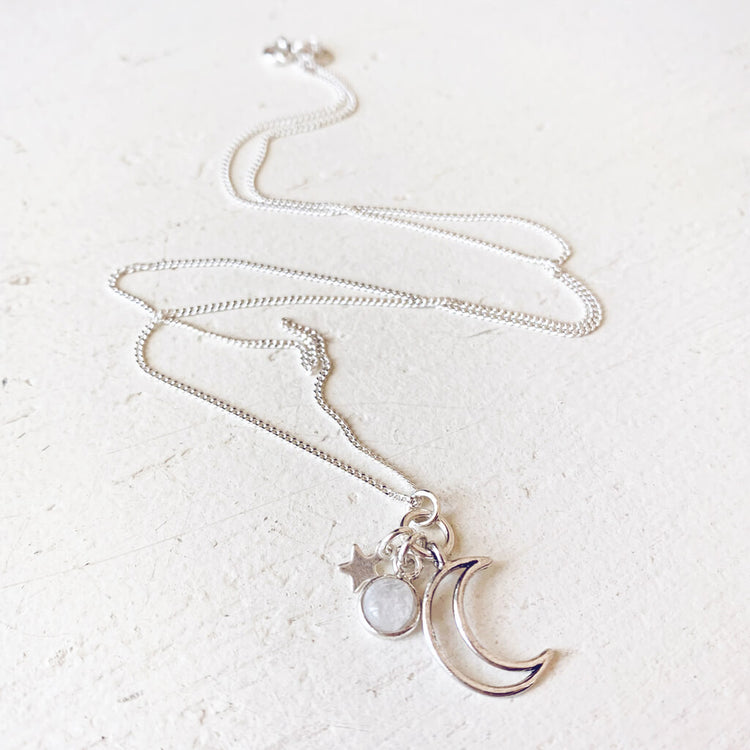Selene // mini luna, moonstone & star silver necklace - Peacock & Lime