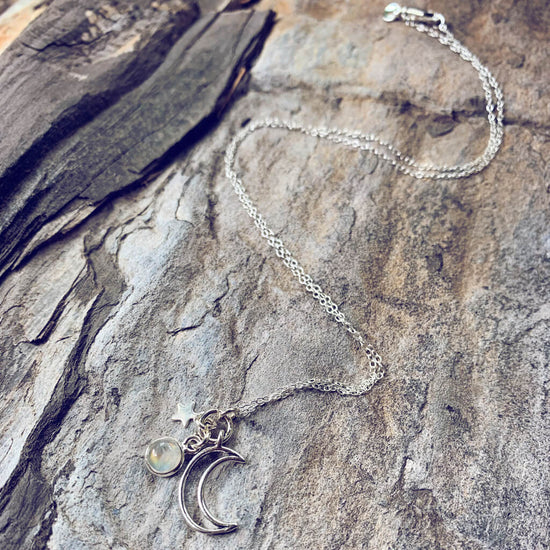 Selene // mini luna, moonstone & star silver necklace - Peacock & Lime