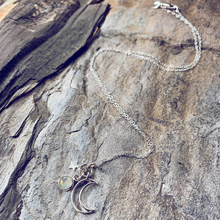 Selene // mini luna, moonstone & star silver necklace - Peacock & Lime