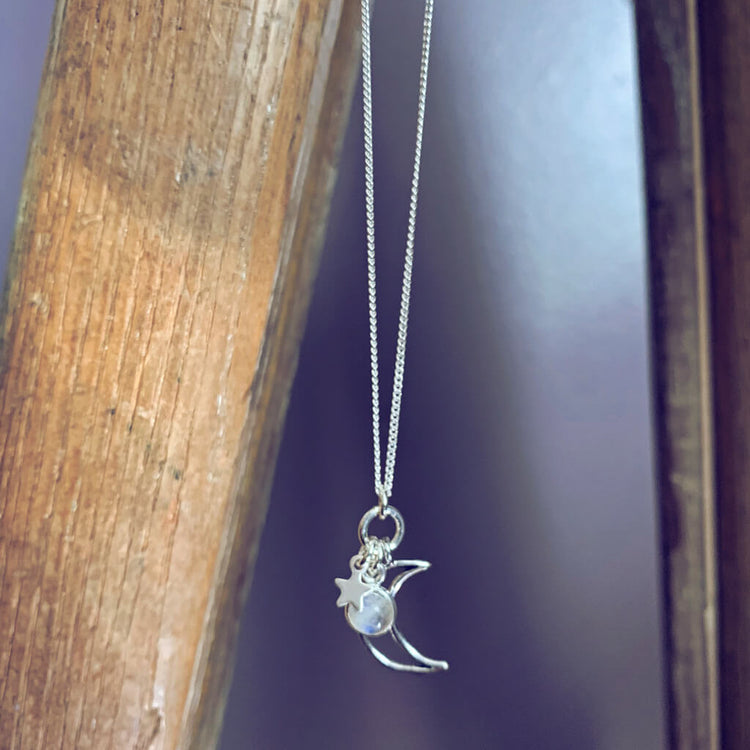 Selene // mini luna, moonstone & star silver necklace - Peacock & Lime
