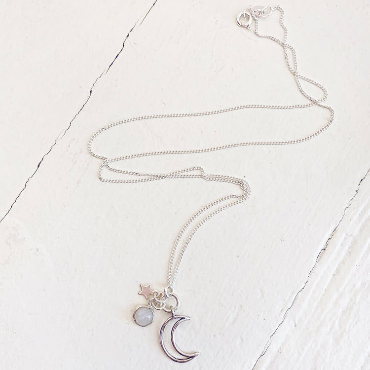 Selene // mini luna, moonstone & star silver necklace - Peacock & Lime