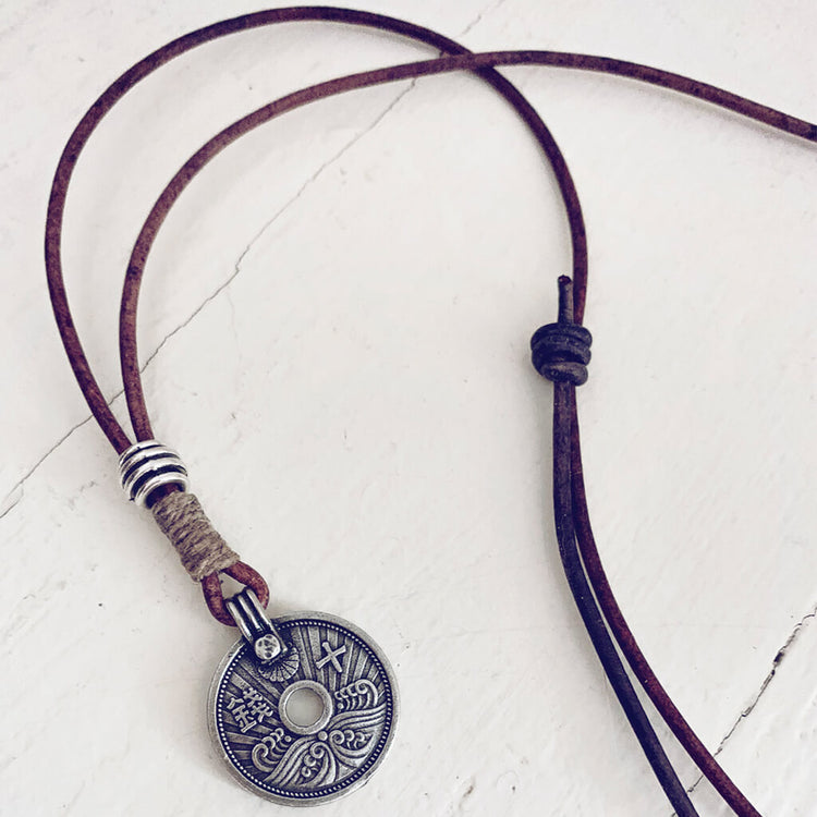 sen // aged japanese coin linen and leather necklace by Peacock & Lime