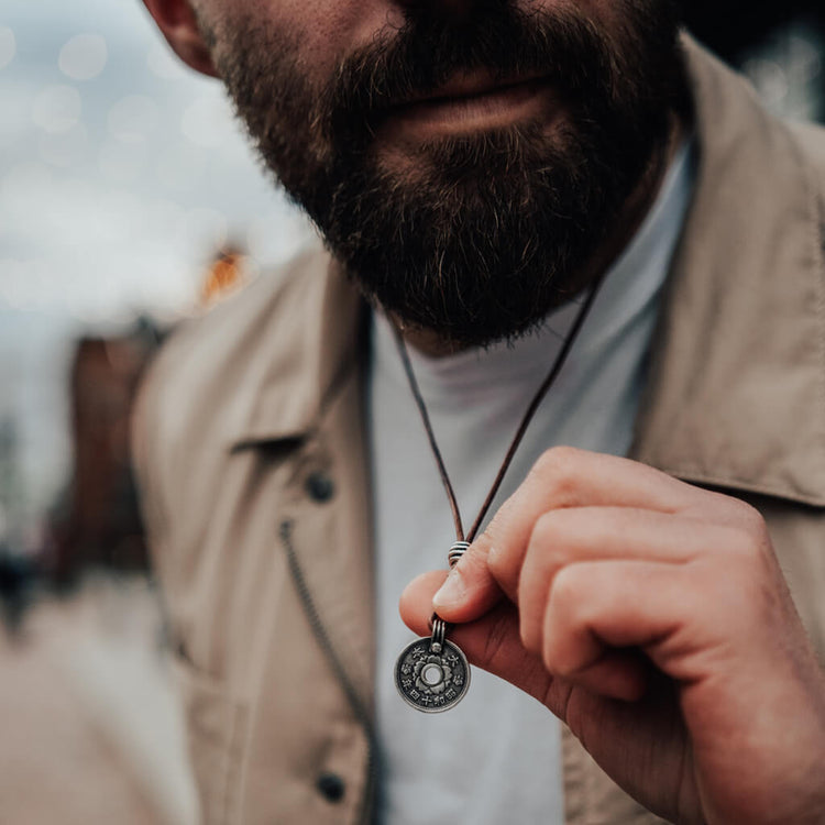 sen // aged japanese coin linen and leather necklace worn on model by Peacock & Lime